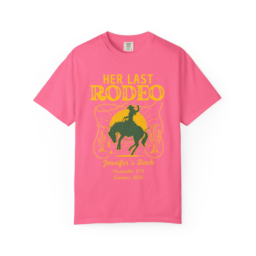 Pink t-shirt with "HER LAST RODEO" graphic, cowgirl on horse.