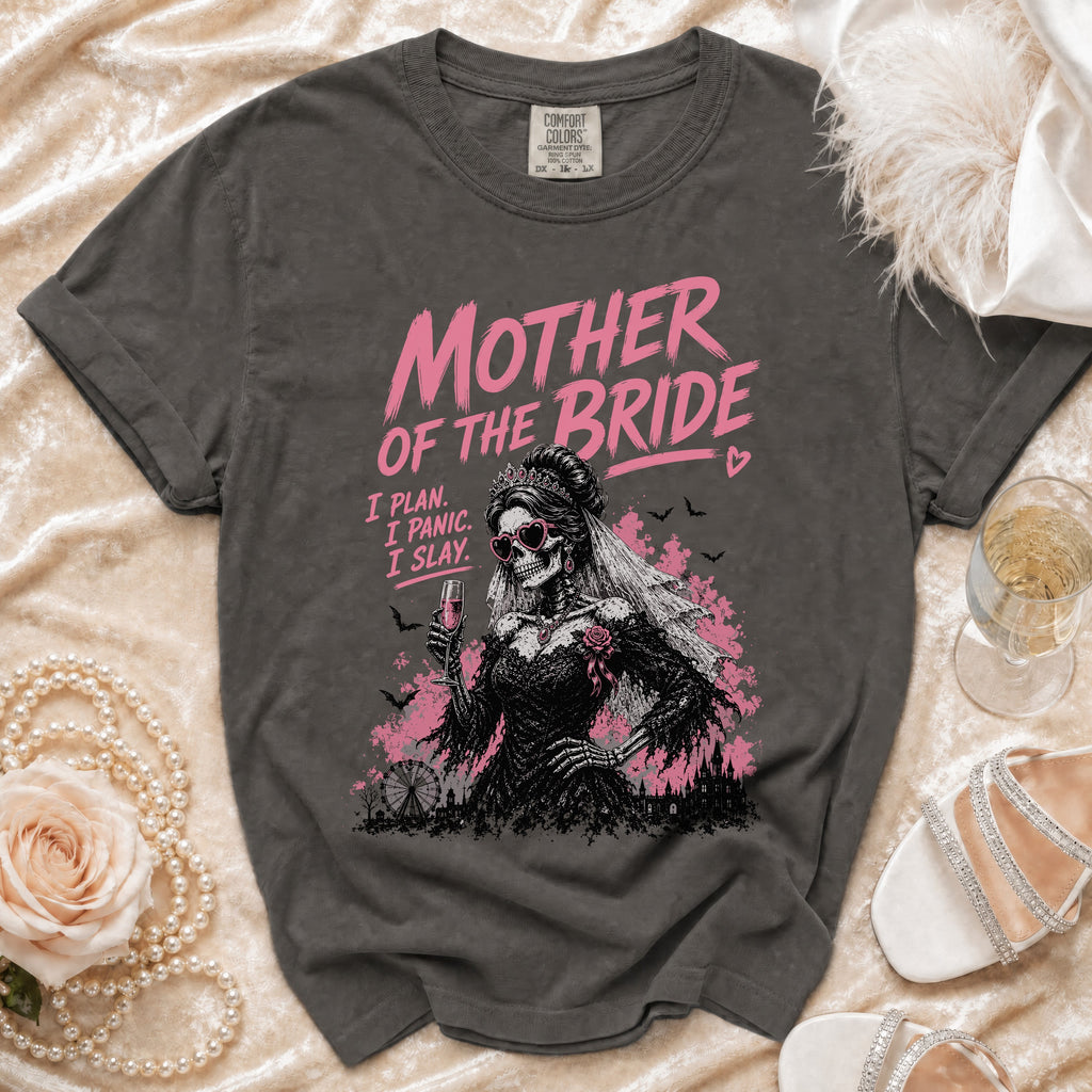Dark gray t-shirt with "Mother of the Bride" design featuring a skeleton bride.