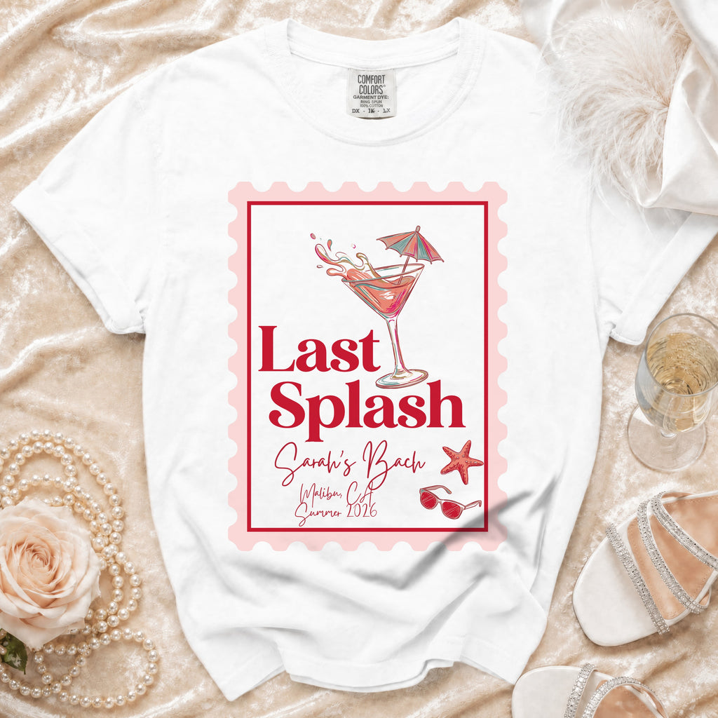 White t-shirt with "Last Splash Sarah's Bach" and beach graphics.