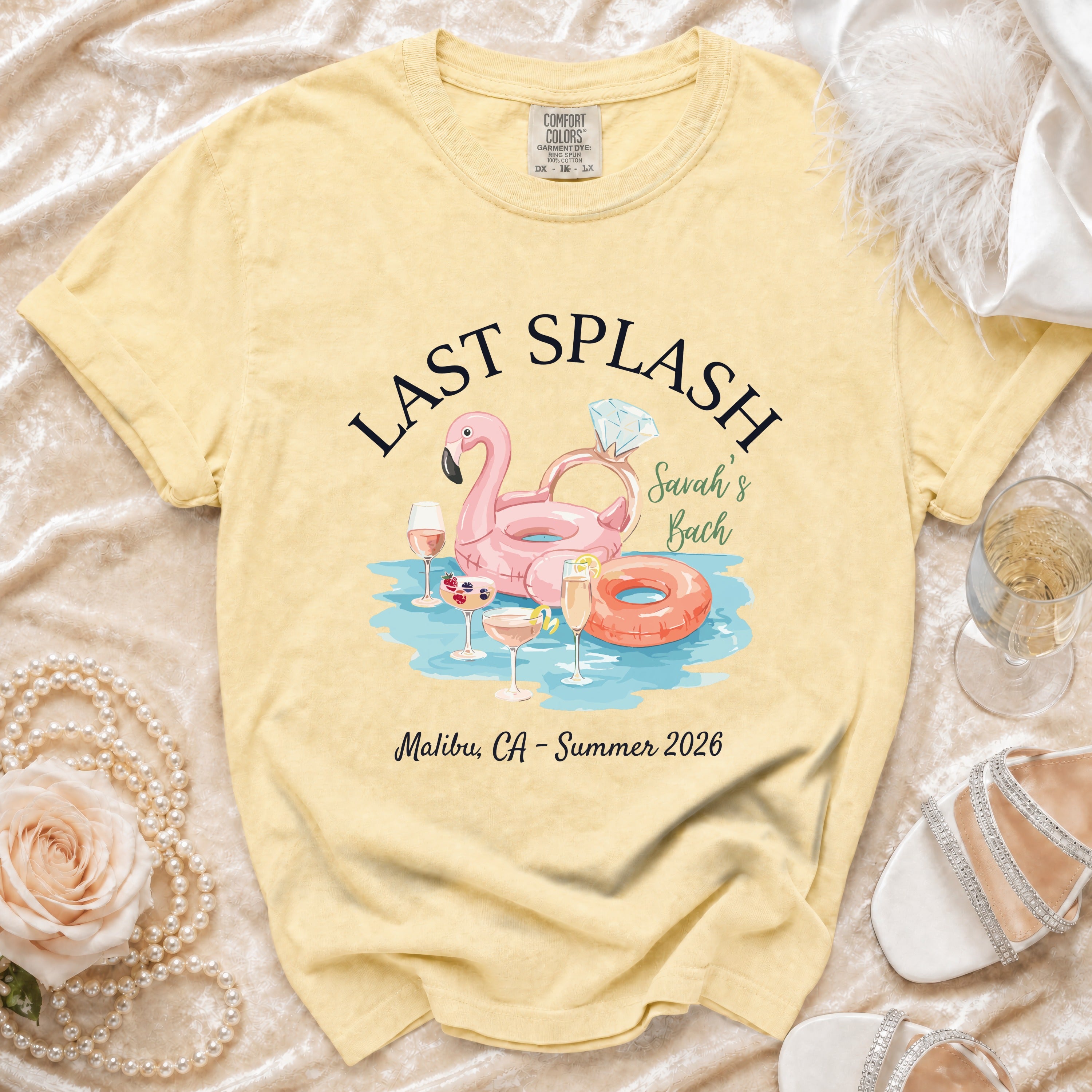 Yellow t-shirt with "Last Splash Savah's Bach" and Malibu, CA text.