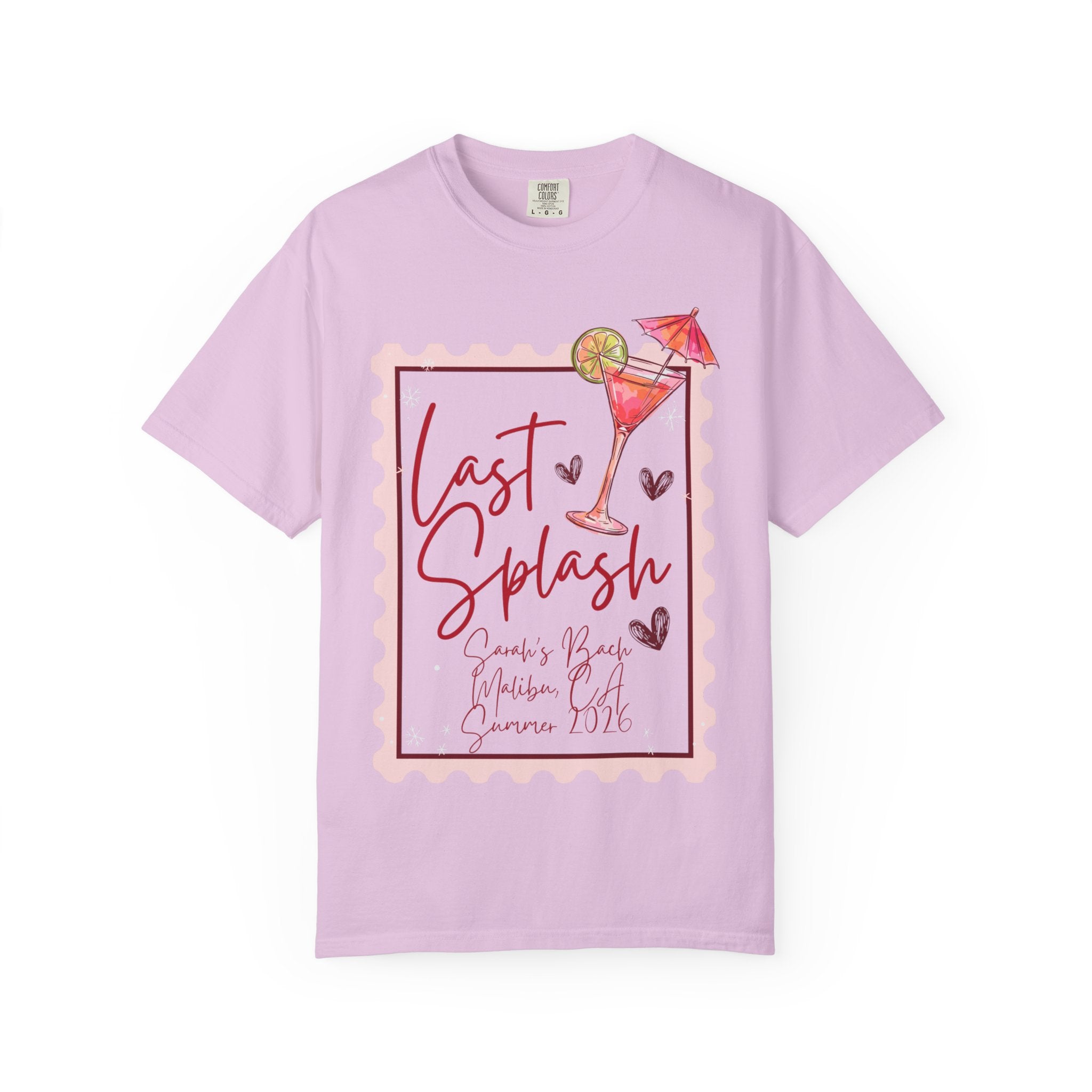 T-shirt with "Last Splash" text, cocktail, and beach graphic.
