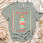 T-shirt with "Last Splash Sarah's Bach Malibu, CA - Summer 2026" text and cocktail shaker.