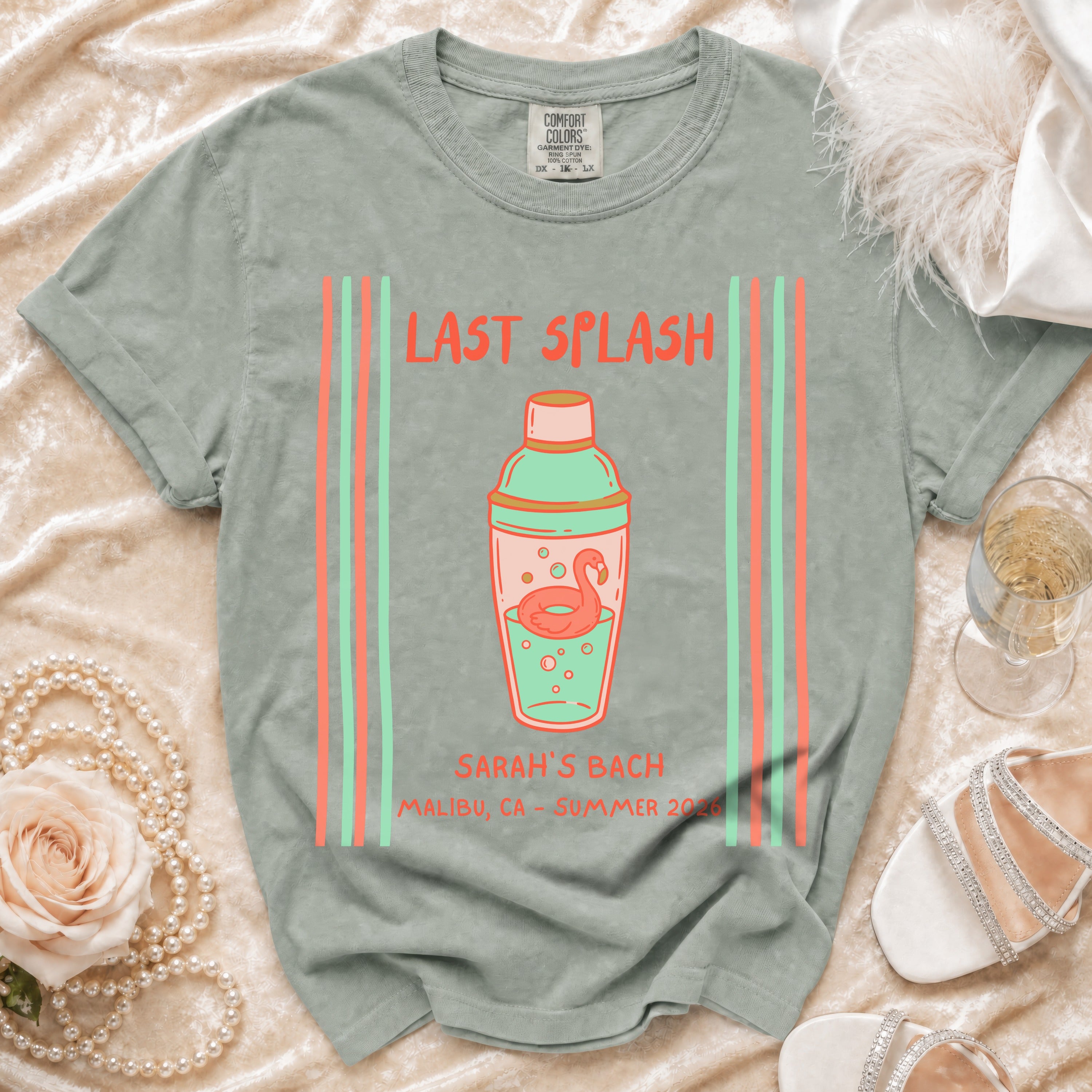 T-shirt with "Last Splash Sarah's Bach Malibu, CA - Summer 2026" text and cocktail shaker.