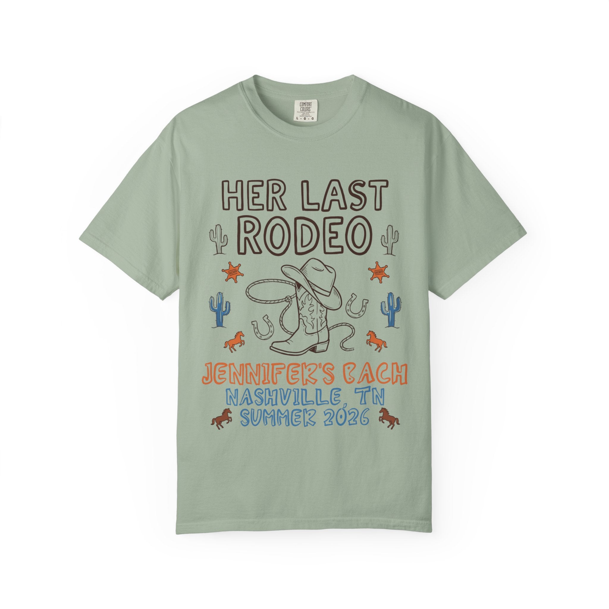 Her Last Rodeo graphic t-shirt with cowboy boots, hat, and rope.