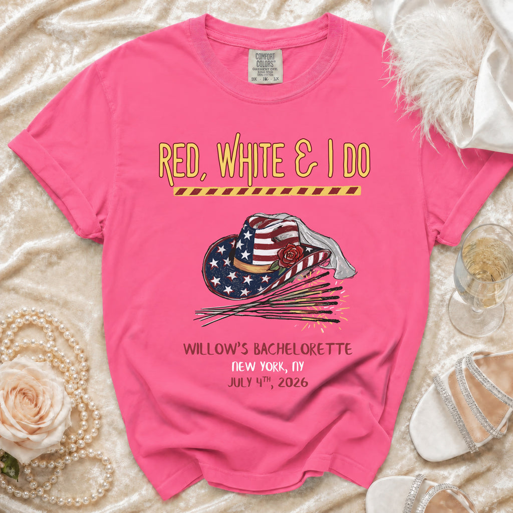 Pink t-shirt with "RED, WHITE & IDO" and bachelorette details.
