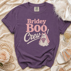 Purple t-shirt with "Briday Boo Crew" text and a ghost bride graphic.