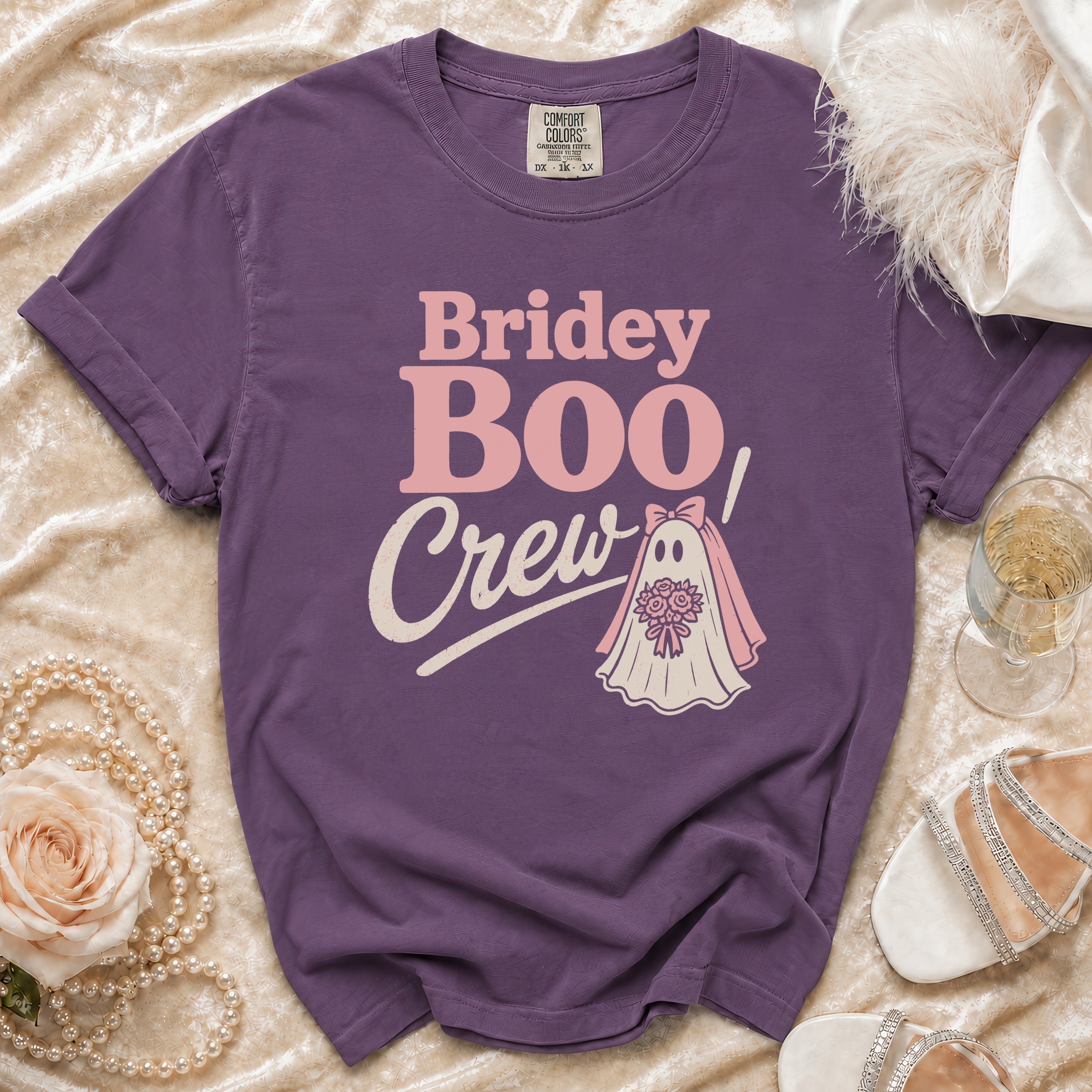 Purple t-shirt with "Briday Boo Crew" text and a ghost bride graphic.