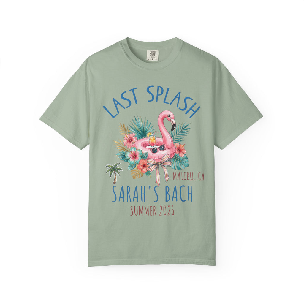 Green t-shirt with "Last Splash Sarah's Bach Summer 2026" and flamingo graphic.