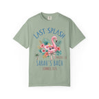 Green t-shirt with "Last Splash Sarah's Bach Summer 2026" and flamingo graphic.