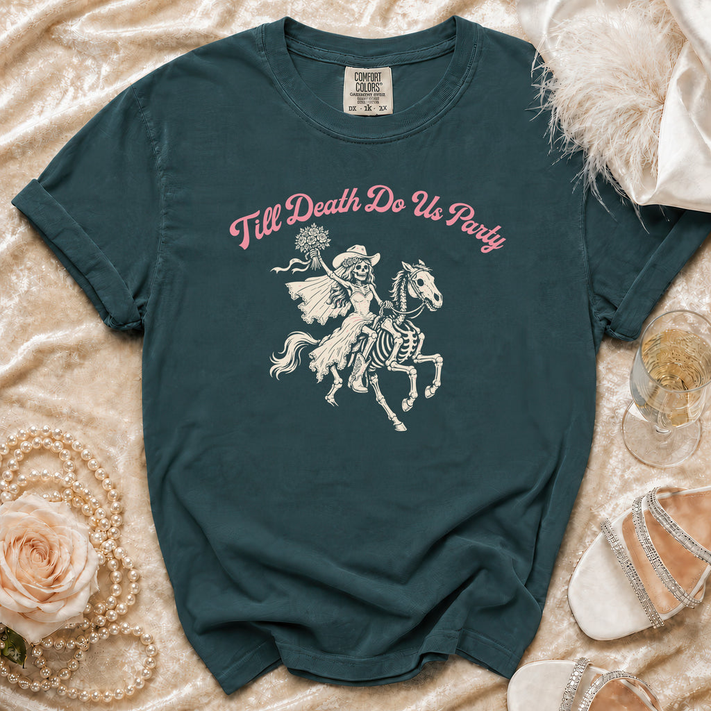 Teal t-shirt with skeleton bride on horseback and "Till Death Do Us Party" text.