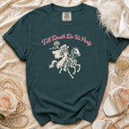 Teal t-shirt with skeleton bride on horseback and "Till Death Do Us Party" text.