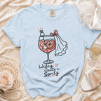 Light blue t-shirt with "Wifey Wants a Spritz" graphic of a cocktail.