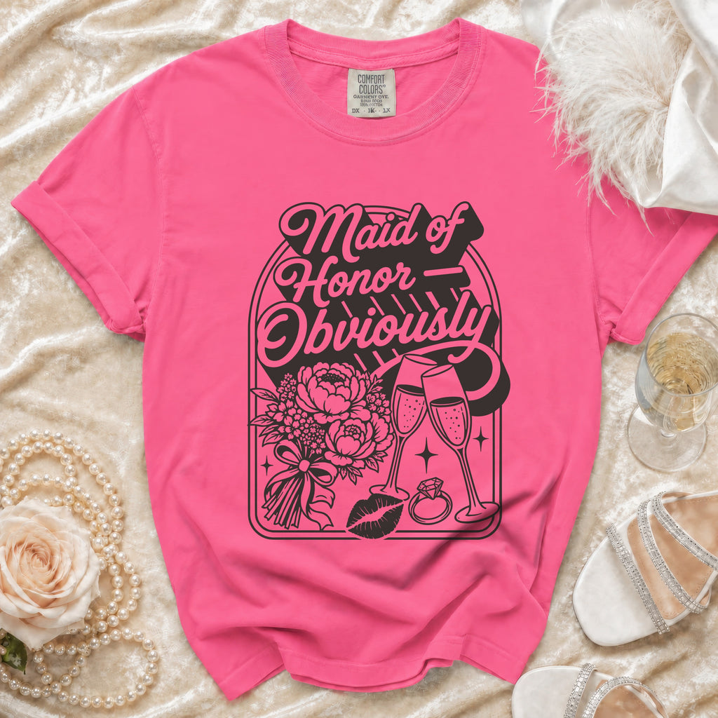 Pink t-shirt with "Maid of Honor Obviously" text and bridal graphics.