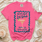 Pink t-shirt with "Sarah's Bach Last Splash" graphic and Malibu, CA Summer 2026.