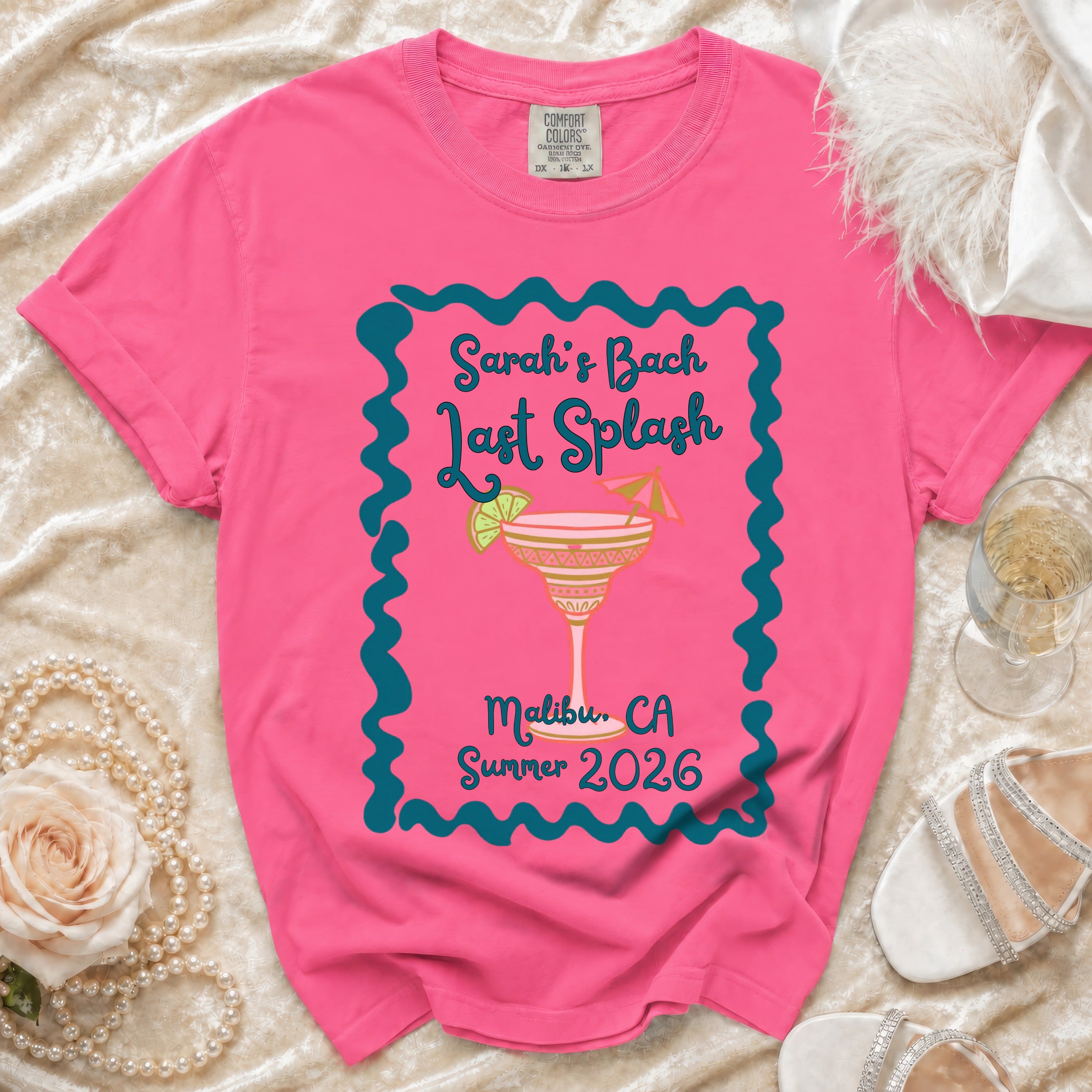 Pink t-shirt with "Sarah's Bach Last Splash" graphic and Malibu, CA Summer 2026.