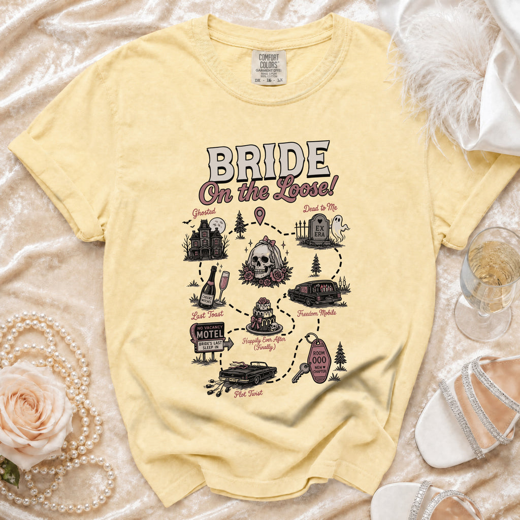 Yellow t-shirt with "Bride On the Loose!" graphic and humorous wedding-themed illustrations.