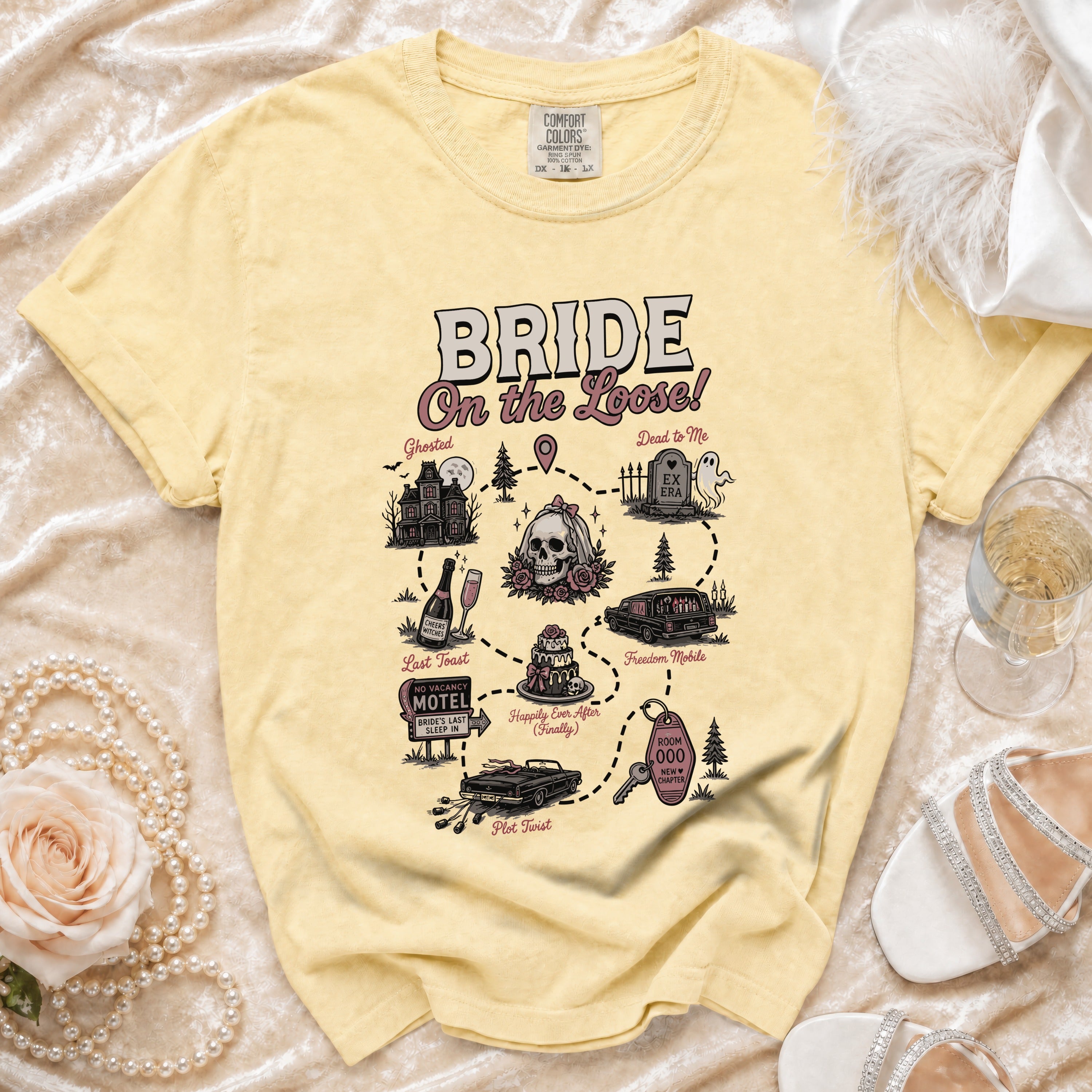 Yellow t-shirt with "Bride On the Loose!" graphic and humorous wedding-themed illustrations.