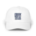 A white baseball cap featuring blue embroidered text that reads CHOOSIN TEXAS on the front panel.