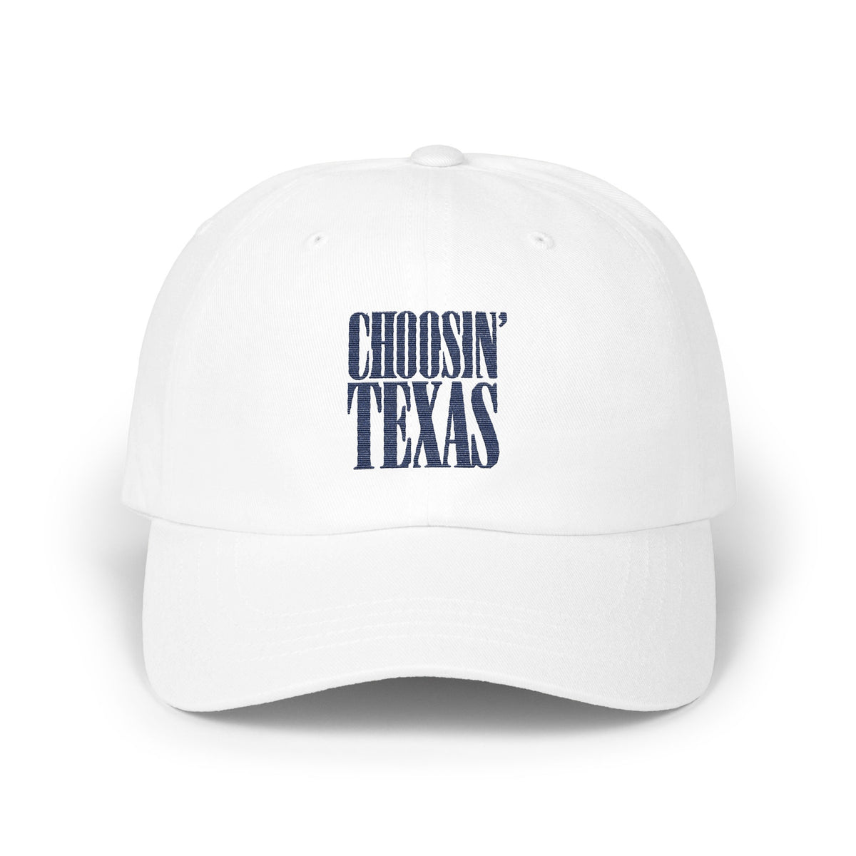 A white baseball cap featuring blue embroidered text that reads CHOOSIN TEXAS on the front panel.