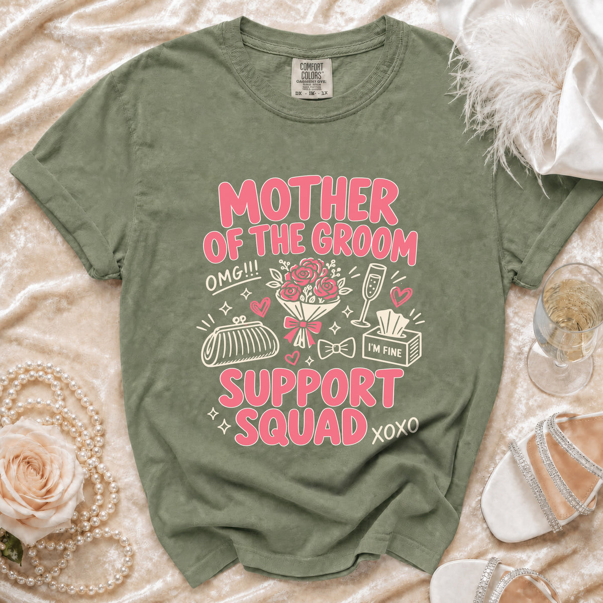 Green t-shirt with "Mother of the Groom Support Squad" text and wedding graphics.