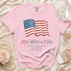 Pink t-shirt with American flag and "Red, White & I Do" text.