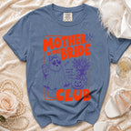 Blue t-shirt with "Mother of the Bride Club" text and ghost graphic.