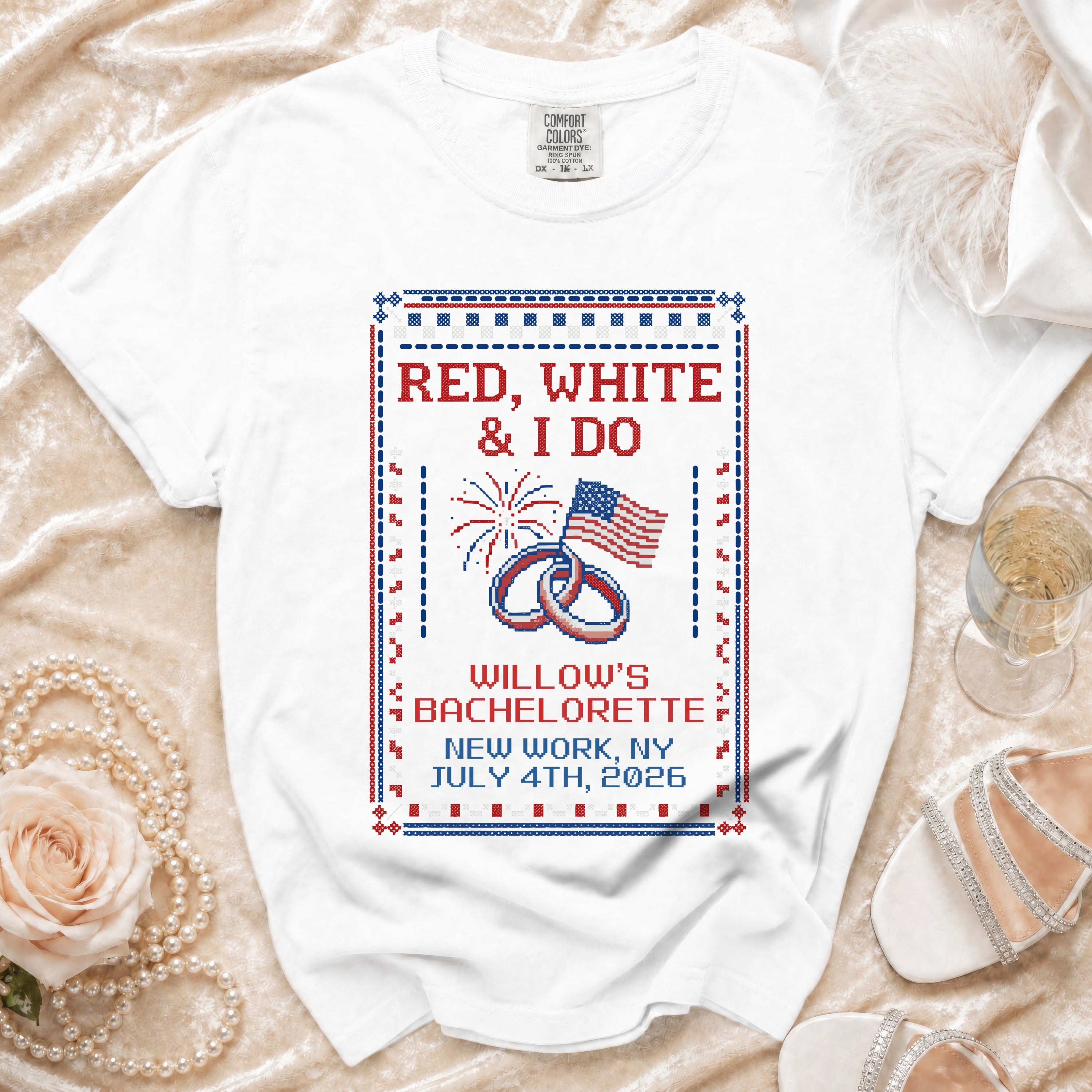 White t-shirt for Willow's bachelorette, July 4th, 2026, New York.