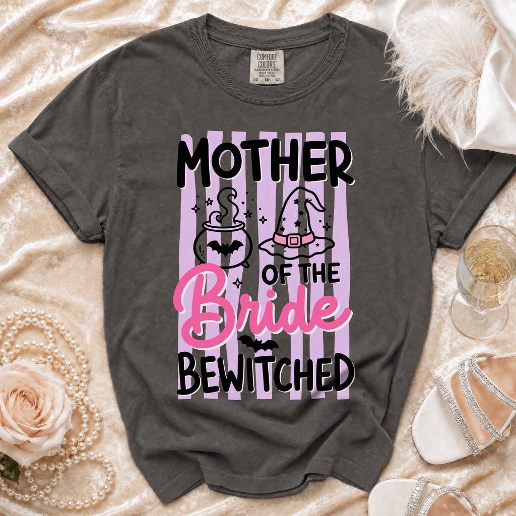 Dark grey t-shirt with "Mother of the Bride Bewitched" text and witchy graphics.