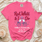 Pink t-shirt with "Red, White & I Do" and bachelorette details.