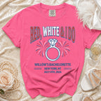 Pink t-shirt with "Red, White & I Do" and bachelorette details.