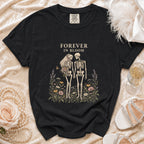 Black t-shirt with "Forever In Bloom" text and skeleton couple graphic.