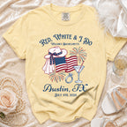 Bachelorette t-shirt with "Red, White & I Do" and Austin, TX July 4th, 2026.