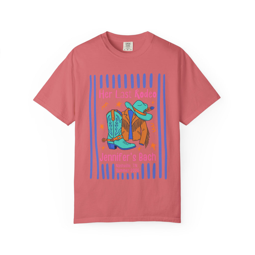 T-shirt graphic: "Her Last Rodeo" with cowboy boots, hat, and jacket.