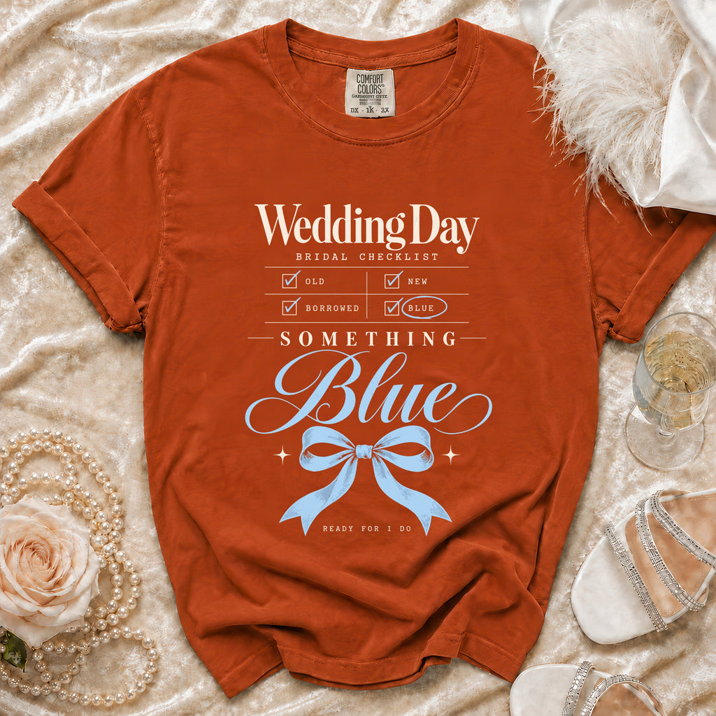 Orange t-shirt with "Wedding Day Bridal Checklist" and "Something Blue" text.