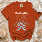 Orange t-shirt with "Wedding Day Bridal Checklist" and "Something Blue" text.