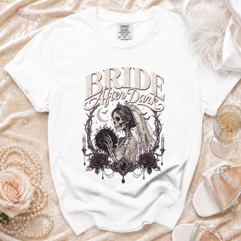 White t-shirt with "Bride After Dark" text and a skeleton bride graphic.