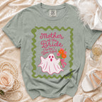 T-shirt with "Mother of the Bride (to be) Boo-tiful" text and a ghost holding flowers.