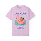 Pink t-shirt with "Last Splash" text and women on a flamingo float.