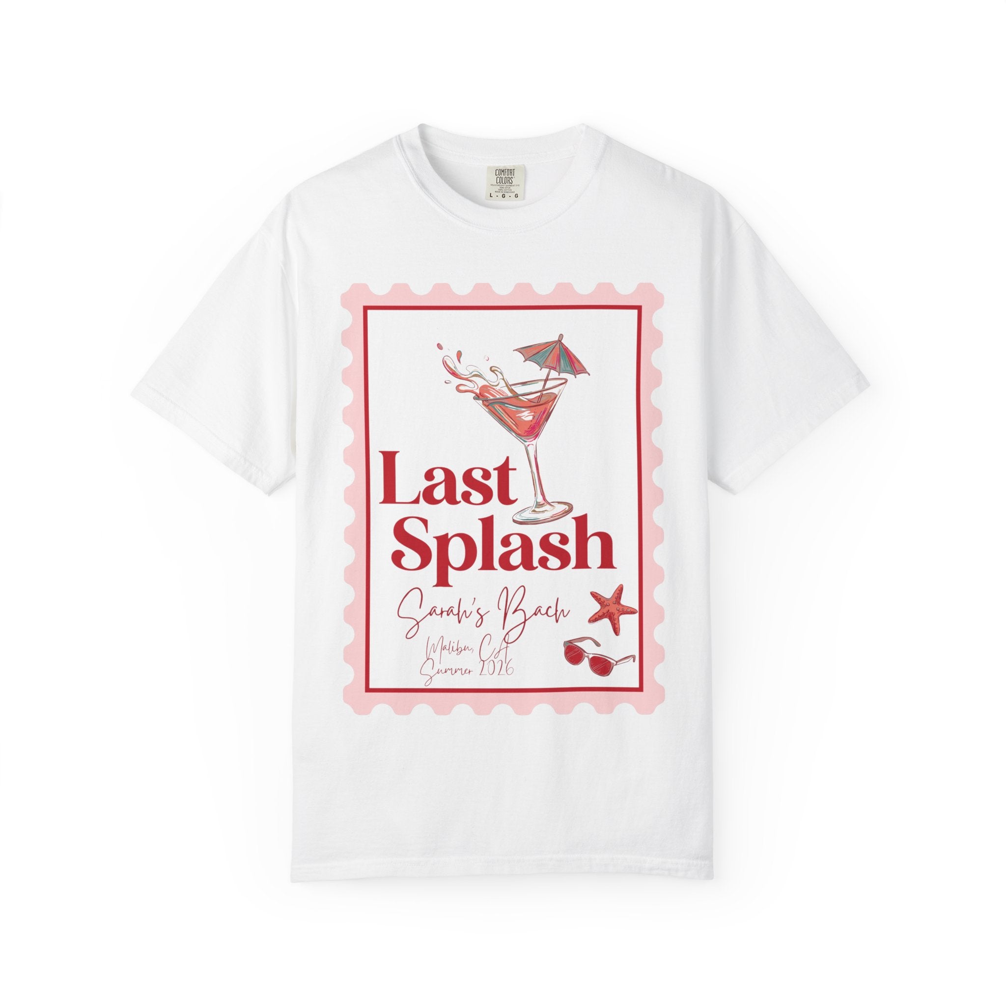 White t-shirt with "Last Splash Sarah's Bach Summer 2024" text and cocktail graphic.