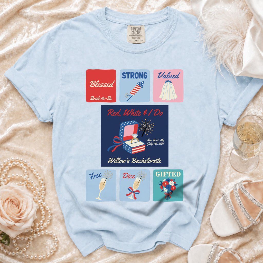 Light blue t-shirt with "Bride-to-Be" text and patriotic bachelorette party graphics.