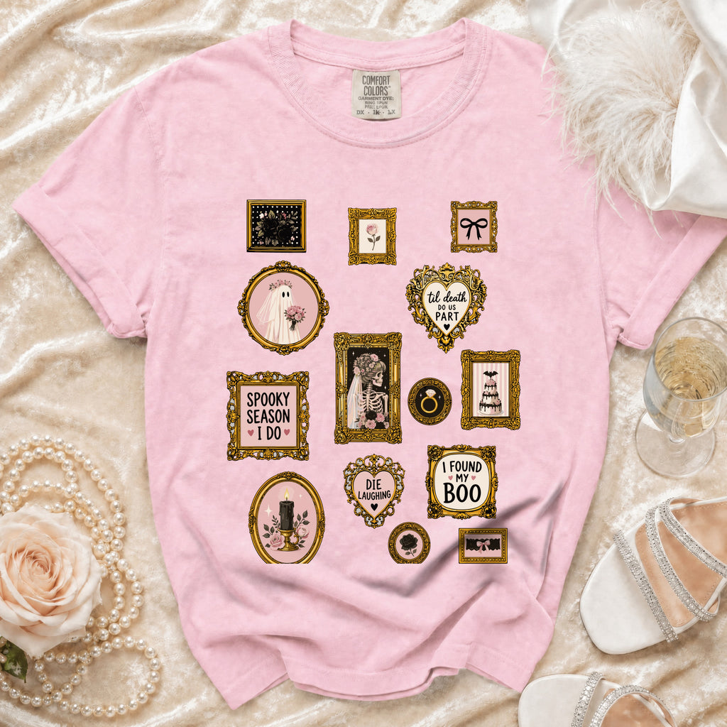 Pink Comfort Colors shirt with framed gothic-themed illustrations.