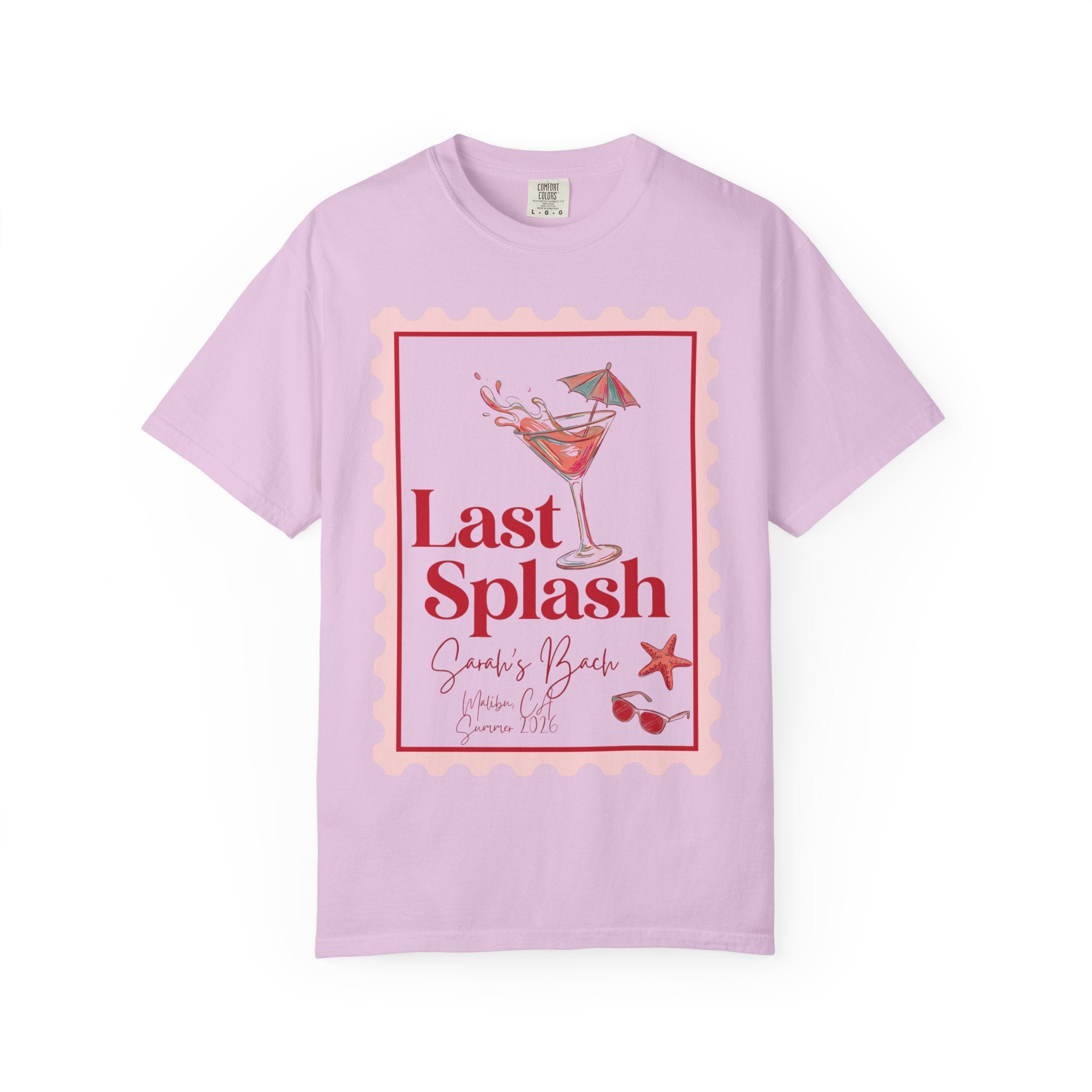 Pink t-shirt with "Last Splash Sarah's Bach Summer 2024" text and cocktail graphic.