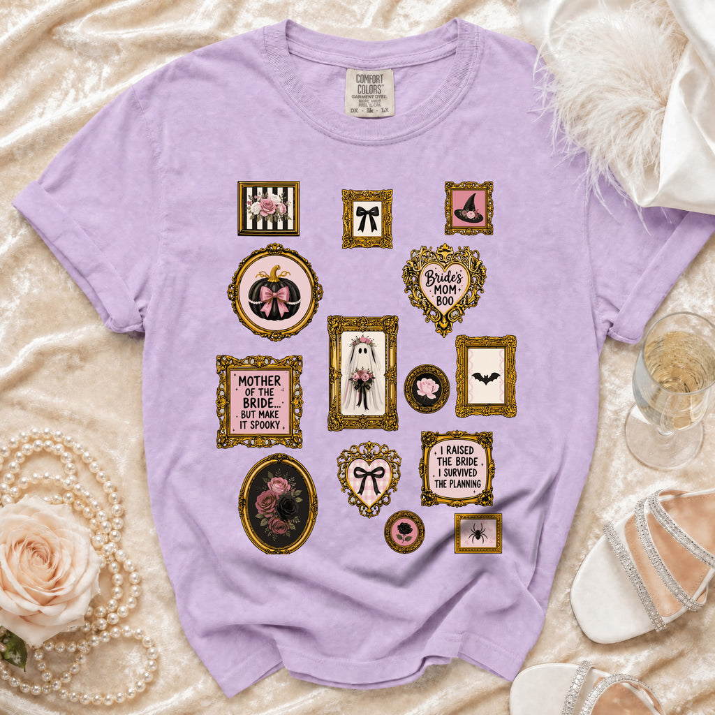 Purple Comfort Colors t-shirt with framed spooky bridal graphics.