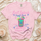 Pink t-shirt with "Last Splash Sarah's Bach Malibu, Ca Summer 2020" graphic.