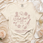 A cream t-shirt features burgundy line art including western motifs, the text Nash Bash Bride, and Madison's Bachelorette Nashville, TN.
