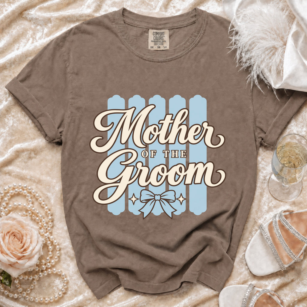 Brown t-shirt with "Mother of the Groom" text and a bow graphic.