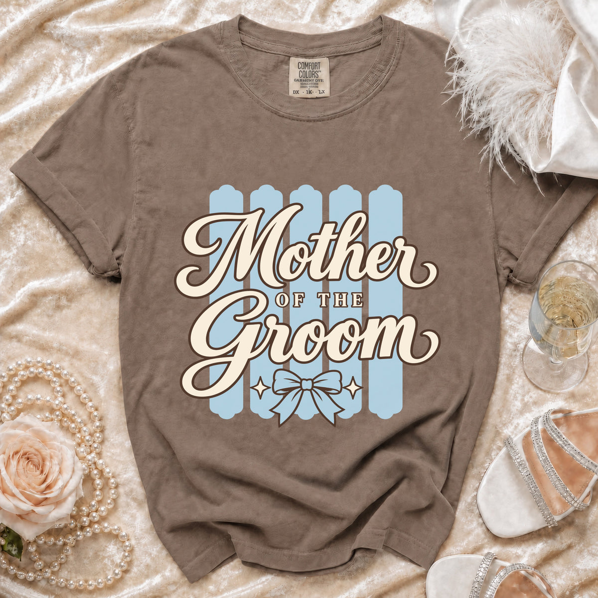 Brown t-shirt with "Mother of the Groom" text and a bow graphic.