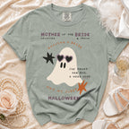 Mother of the Bride "Haunted & Proud" t-shirt with ghost graphic and Halloween theme.