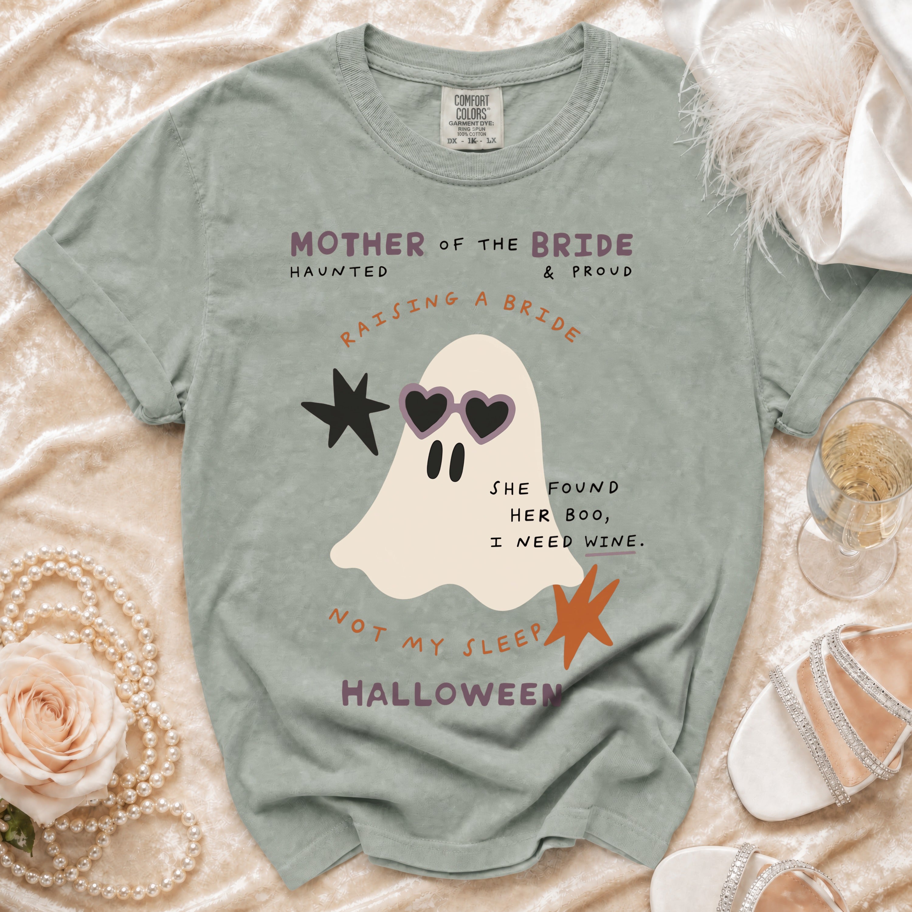 Mother of the Bride "Haunted & Proud" t-shirt with ghost graphic and Halloween theme.