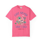 Pink t-shirt with "Last Splash" flamingo graphic, Malibu, CA, Sarah's Bach, Summer 2026.